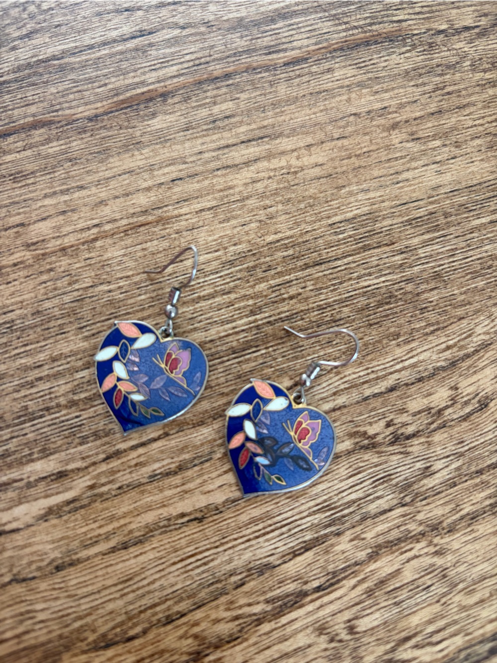 Vintage Blue Cloisonne Enamel Heart Butterfly Fishhook Drop Earrings 1 Inch